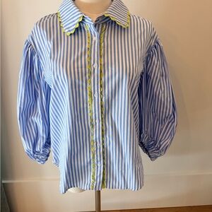 Karlie NWT Blue & White Striped Button-Up Top with Yellow Trim